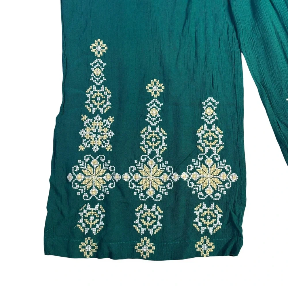 Time for Me Womens Teal Green Embroidered Wide Leg Boho Smocked Pants Large - Picture 8 of 12